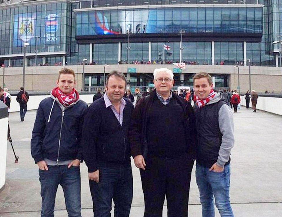 Owen Richards next to his uncle Adrian Evans (second left) grandfather Charles Evans (second right) and brother Joel Richards (far right)