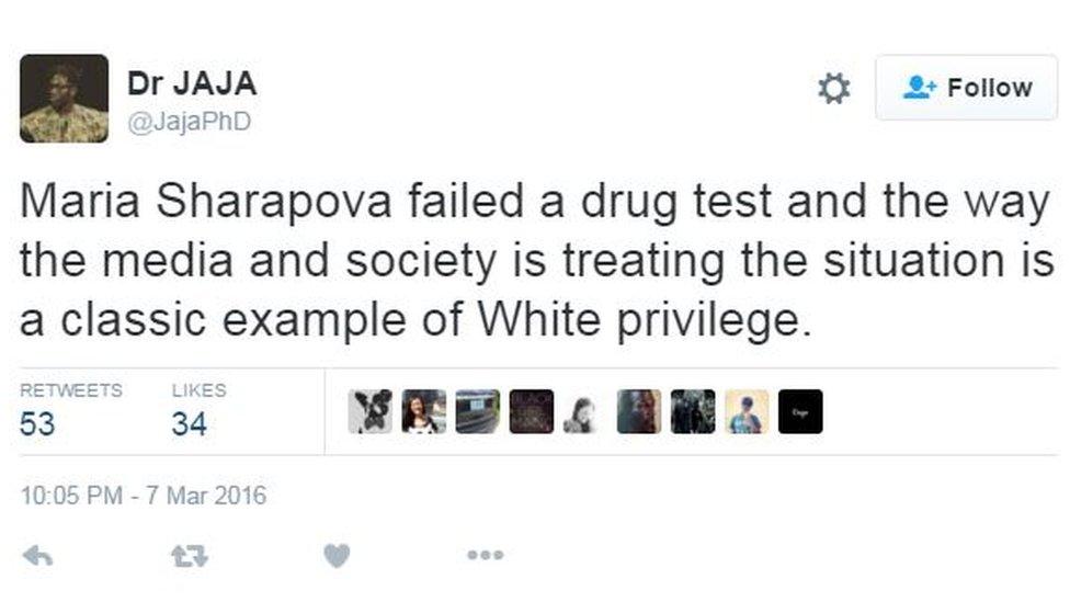 Maria Sharapova failed a drugs test and the way the media and society is treating the situation is a classic example of white privilege