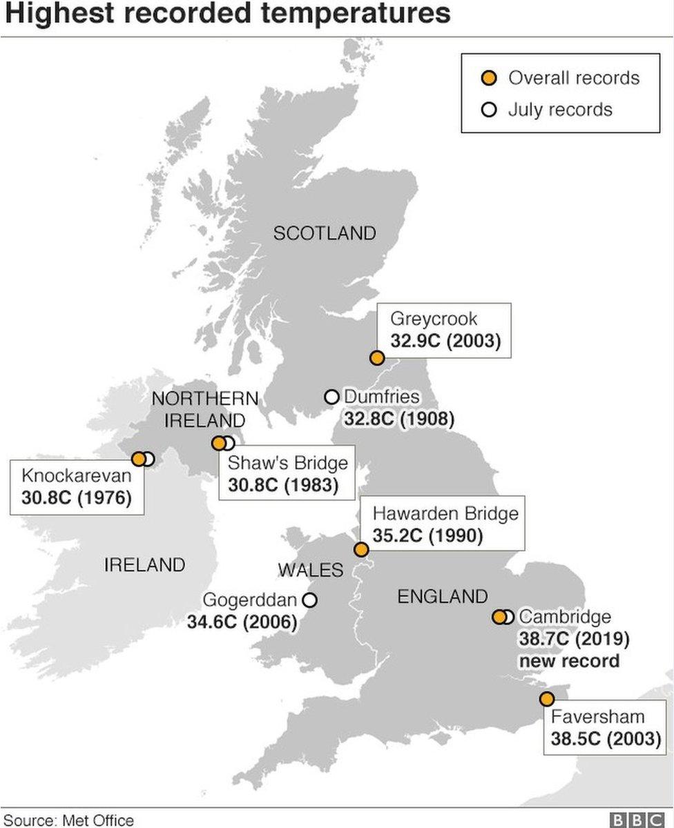 Map showing highest temperatures in Britain