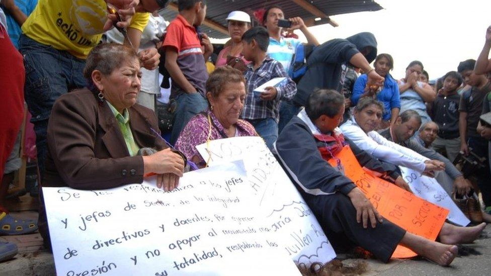 Directors and supervisors of basic education schools in Chiapas are shaved and forced to walk barefoot in Comitan de Dominguez, Mexico, 31 May 2016.