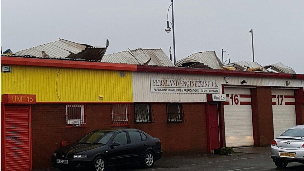 The roof of this business unit in Bootle has blown off.