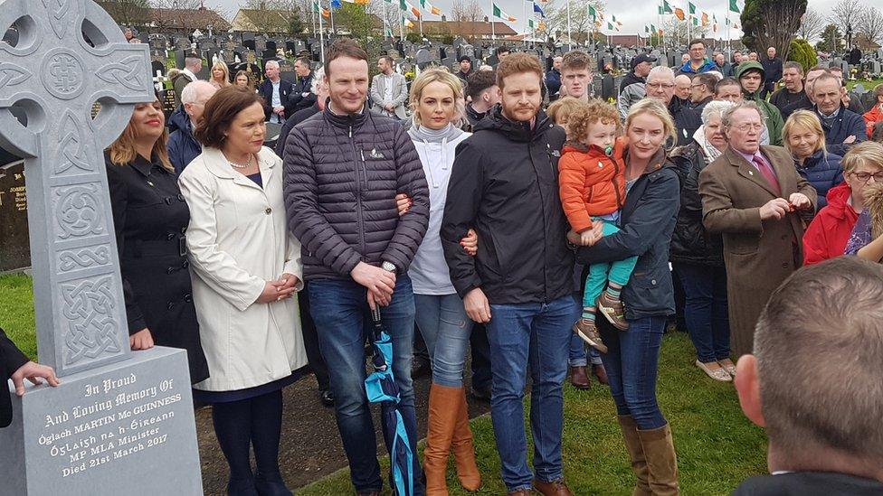 Martin McGuinness' family and Sinn Féin deputy leader Mary-Lou McDonald at the unveiling of Martin McGuinness' headstone in Derry