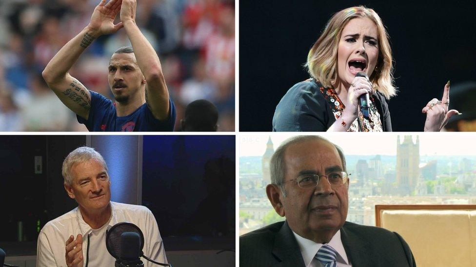 From top left clockwise - Zlatan Ibrahimovic, Adele, Gopichand Hinduja and James Dyson