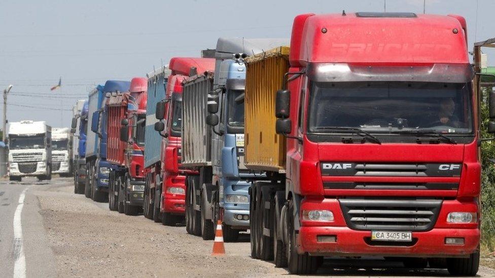 Trucks with wheat wait to cross the Ukraine-Moldova border