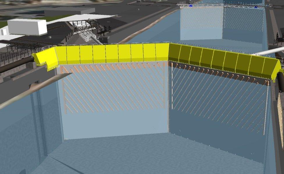 Rendering of the proposed outer lock gates at the entrance to the Port of Tilbury (looking east)