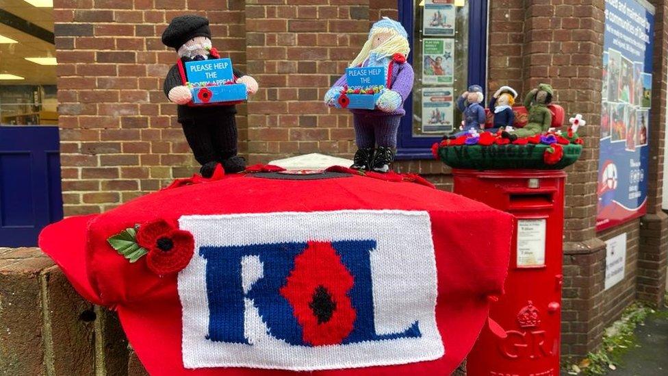 Knitted poppies post box topper Torquay