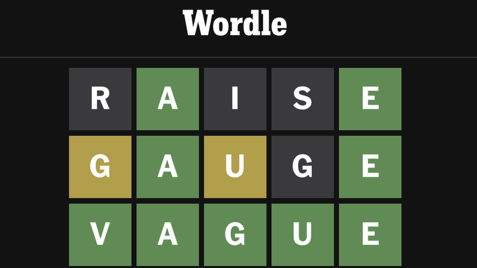 Wordle guess attempts: RAISE, GAUGE & VAGUE