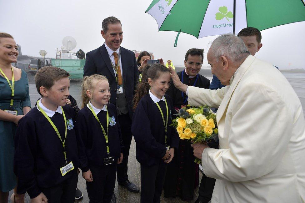 Pope Francis greets children at Knock Airport