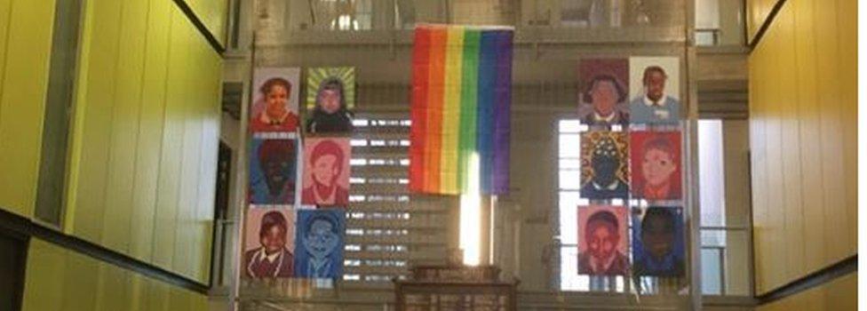 Rainbow flag in the atrium of the Harris Academy