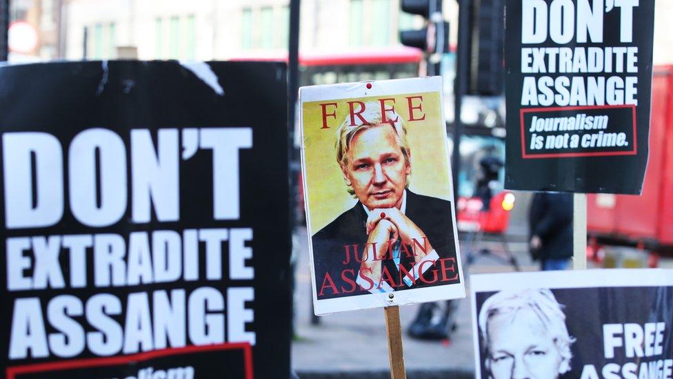 Campaign placards outside Westminster Magistrates Court