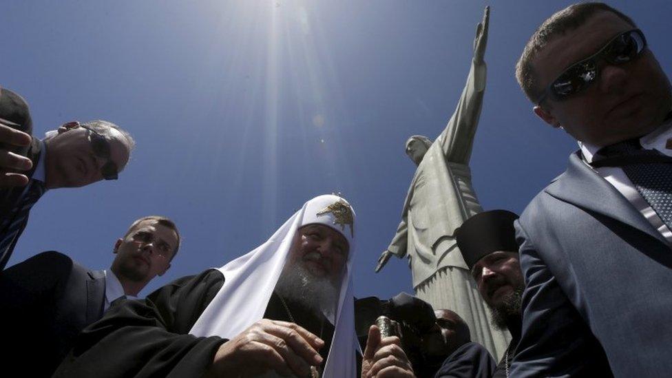 Russian Orthodox Patriarch Kirill (C) visits Christ the Redeemer in Rio de Janeiro