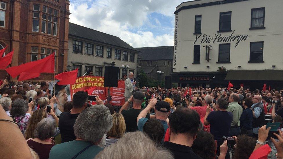 Jeremy Corbyn speaks to supporters at a rally at Merthyr Tydfil's Penderyn Square