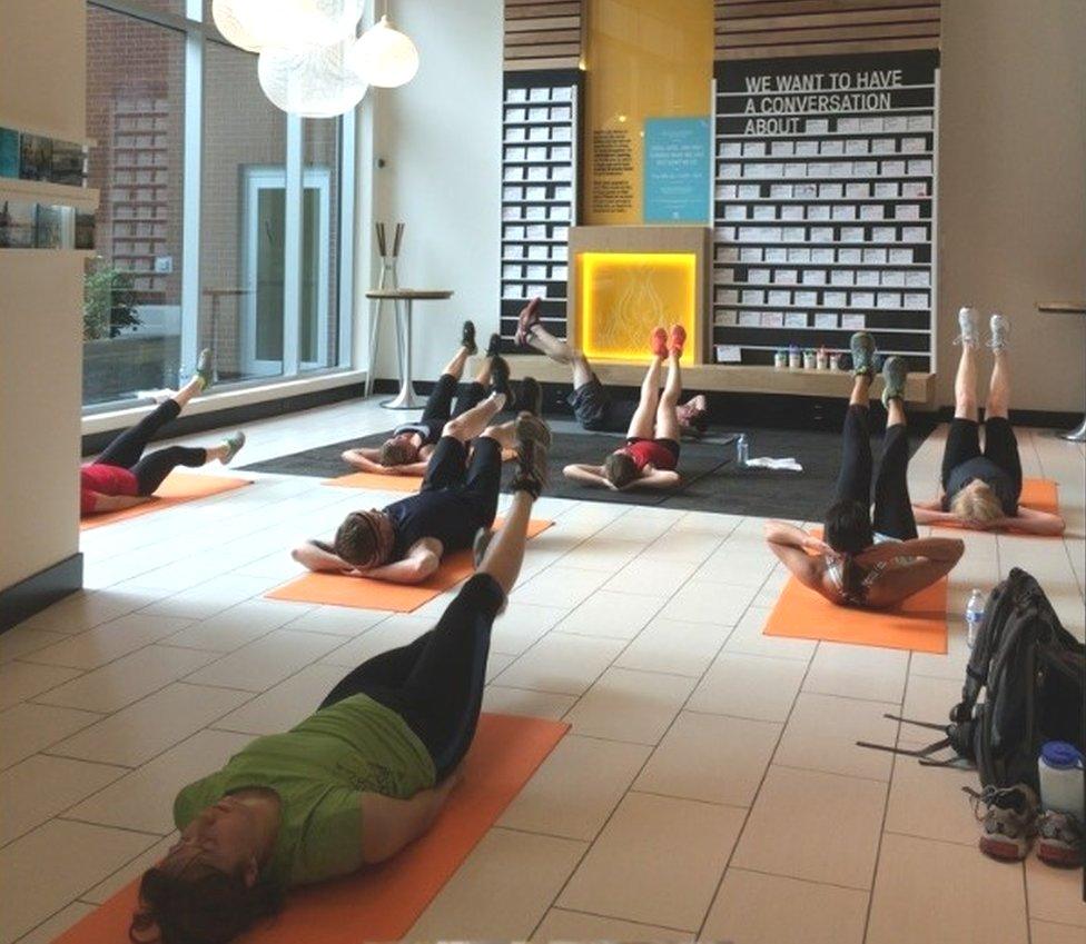 Yoga class at Umpqua Bank in Portland, Oregon