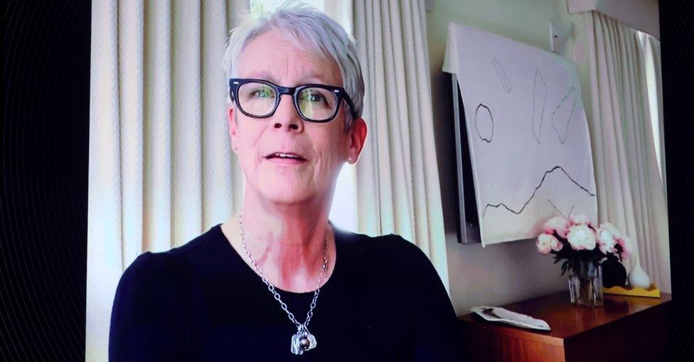 Actress Jamie Lee Curtis speaks at the Golden Globes