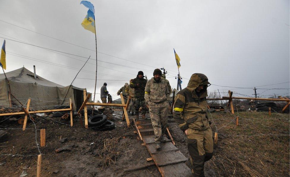 A camp of Ukrainian ex-soldiers who are still blocking rail lines in and out of the Donetsk area