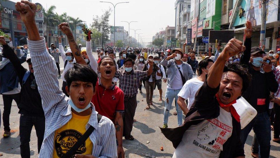 People gather to protest against the military coup in Mandalay, Myanmar on February 28, 2021