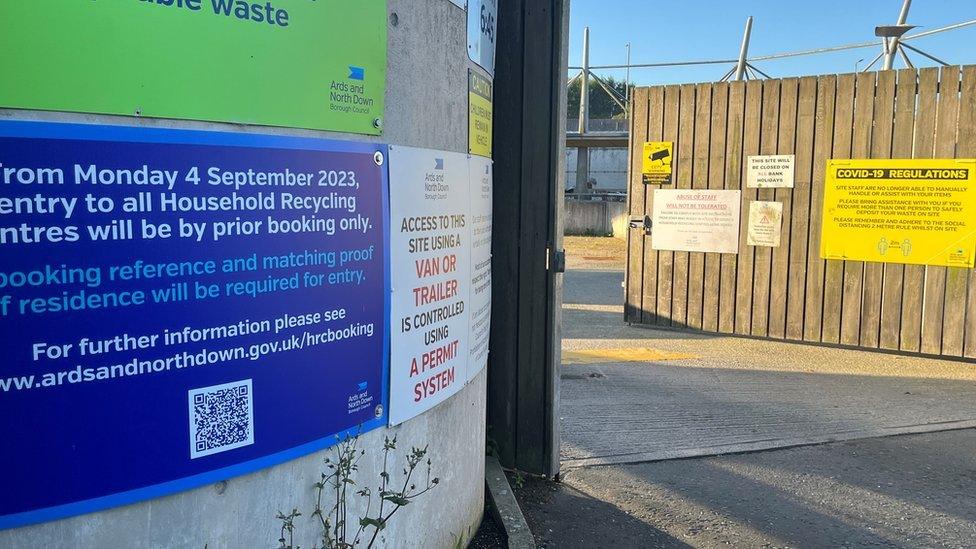 Sign informing residents that entry to Ards and North Down recycling centres must be pre-booked