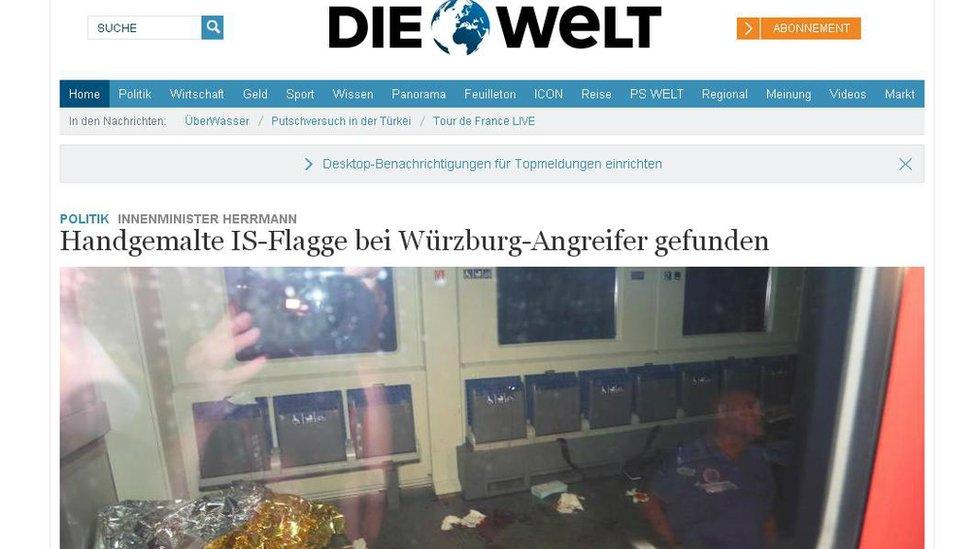 The front page of the website of German newspaper Die Welt covers the axe attack in a train in Wuerzburg.