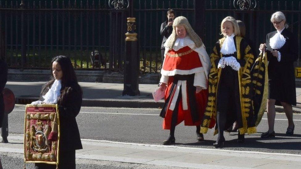 Judges led by Lord Chancellor Liz Truss and Lord Chief Justice Baron Thomas of Cwmgiedd – walk to Parliament