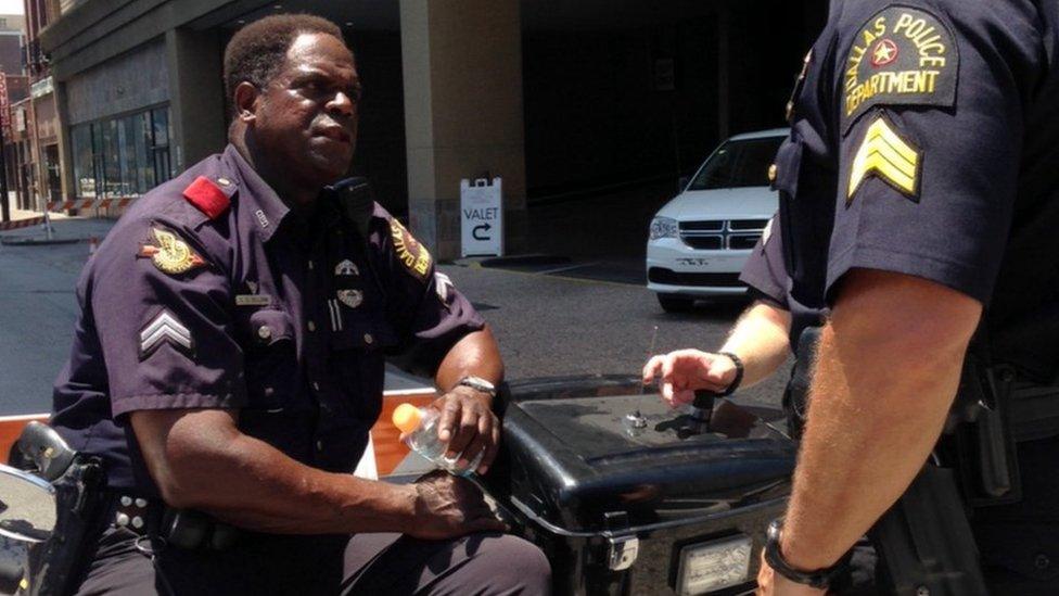 Police officer Chris Gilliam on his motorcycle in Dallas, Texas