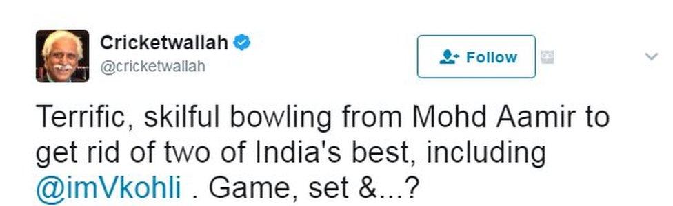 Terrific, skilful bowling from Mohd Aamir to get rid of two of India's best, including @imVkohli . Game, set &...?