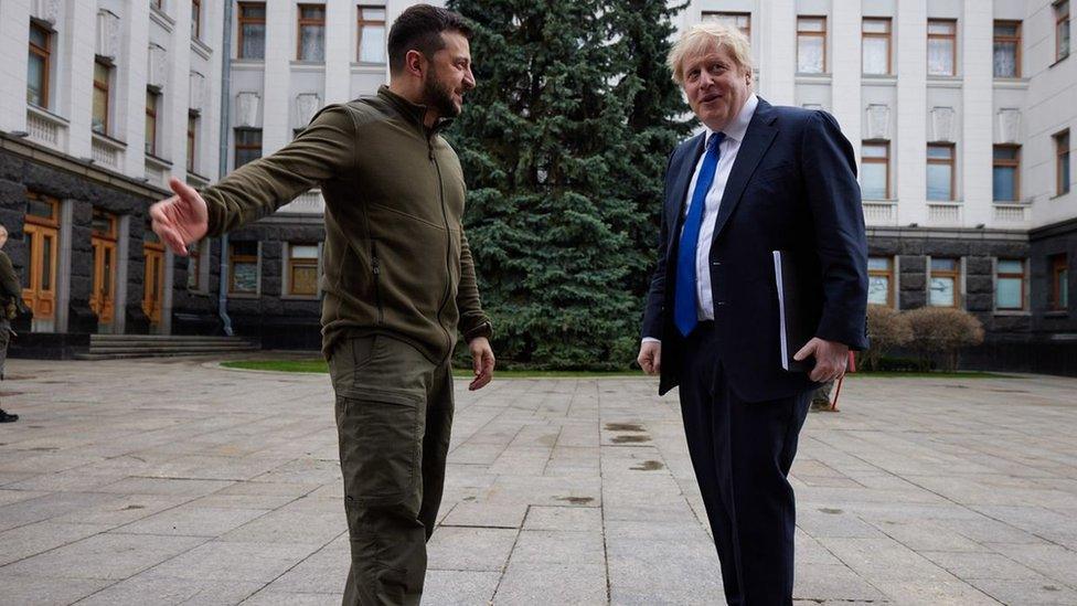 Ukraine President Zelensky welcomes British PM Johnson before a meeting in Kyiv