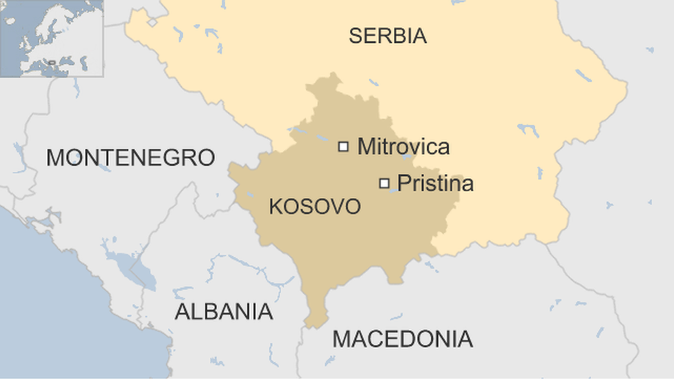 map of Kosovo, highlighting its neighbour Serbia and cities Mitrovica and Pristina.