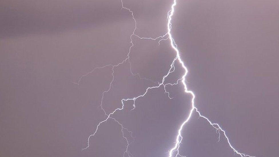 A lightning bolt during a thunderstorm