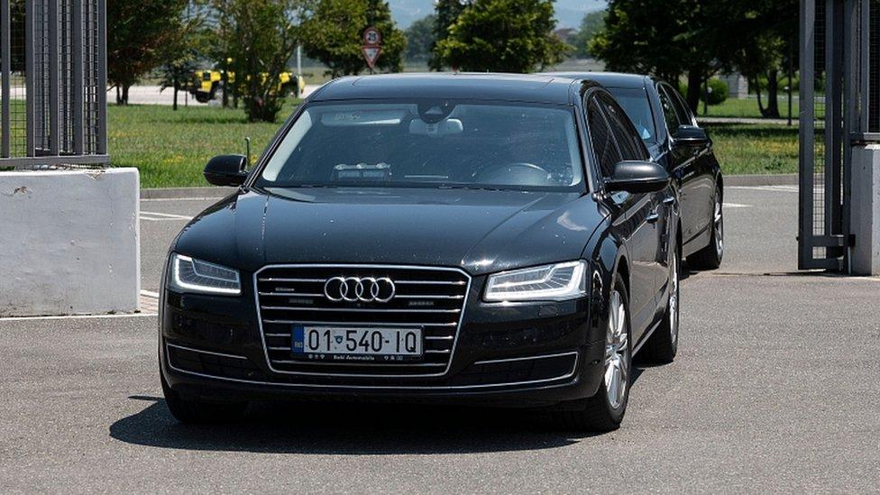 A motorcade escorting Kosovo President Hashim Thaci departs from Tirana Airport in Tirana on June 26, 2020