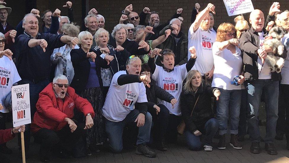 Abermule villagers protest outside Powys County Hall in Llandrindod Wells in May 2019