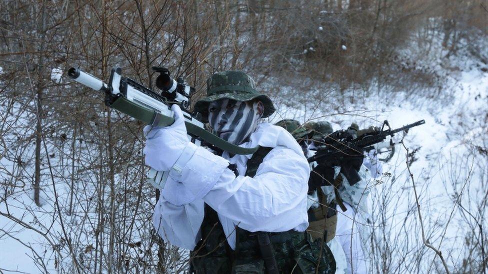 US and South Korean marines conducting winter military training exercise in Pyeongchang county, Dec 2017