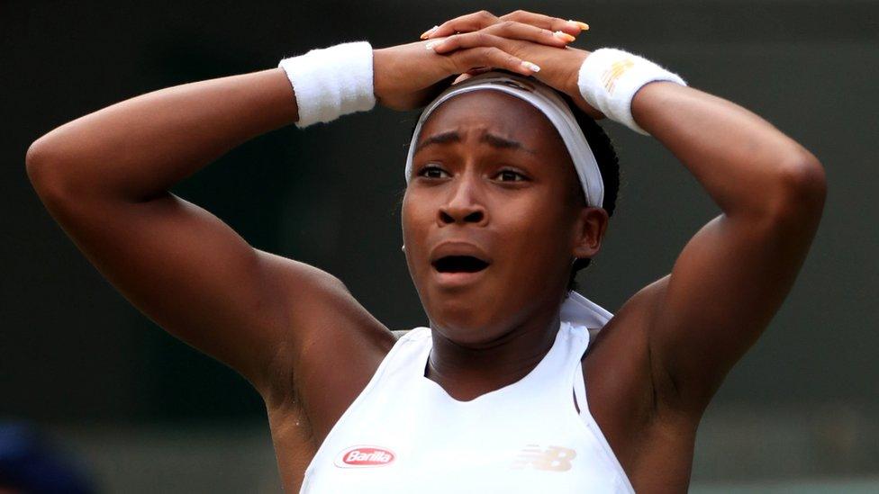 Cori Gauff celebrates victory over Venus Williams on day one of the Wimbledon Championships at the All England Lawn Tennis and Croquet Club, Wimbledon.