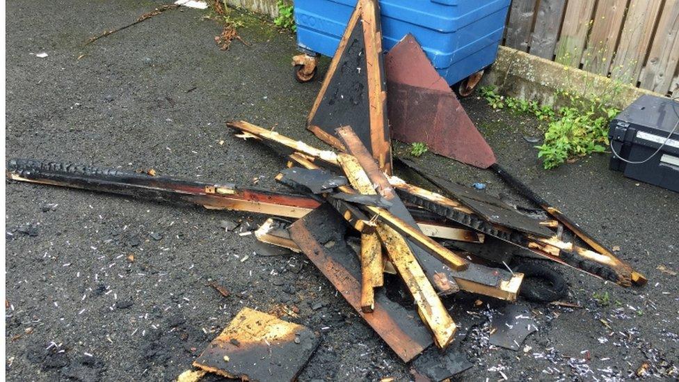 Fire damage to hoarding outside Connolly House