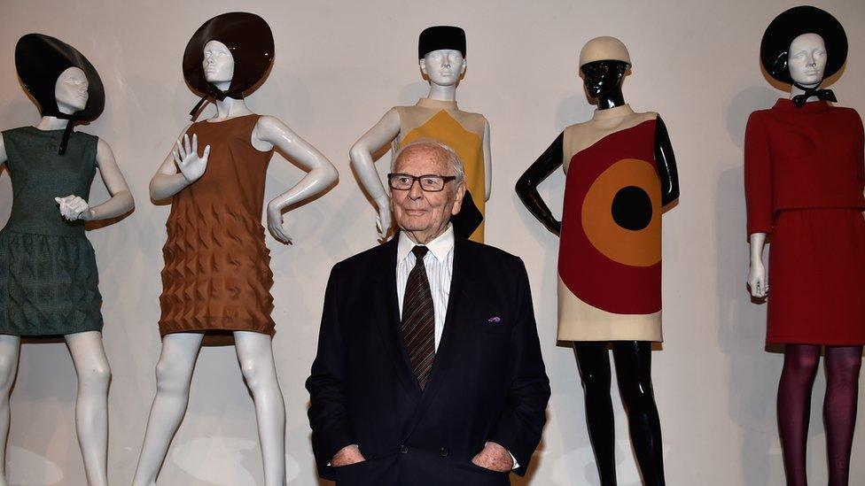 Pierre Cardin at an exhibition of his designs