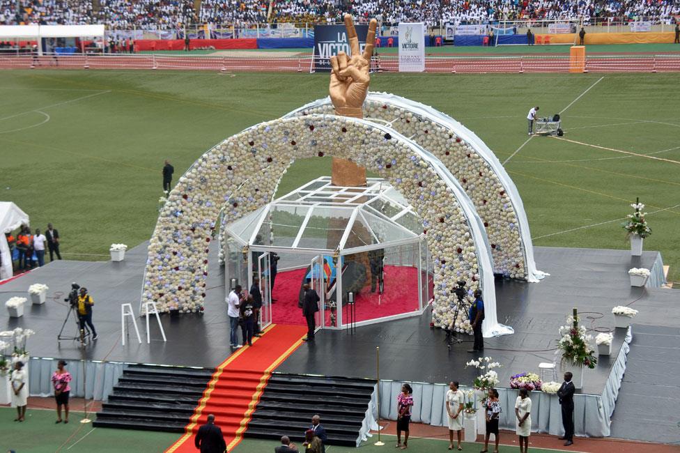 The casket with the remains of Etienne Tshisekedi, former Congolese opposition figurehead who died in Belgium two years ago, is seen on a podium during a mourning ceremony at the Martyrs of Pentecost Stadium in Kinshasa, Democratic Republic of Congo May 31, 2019.