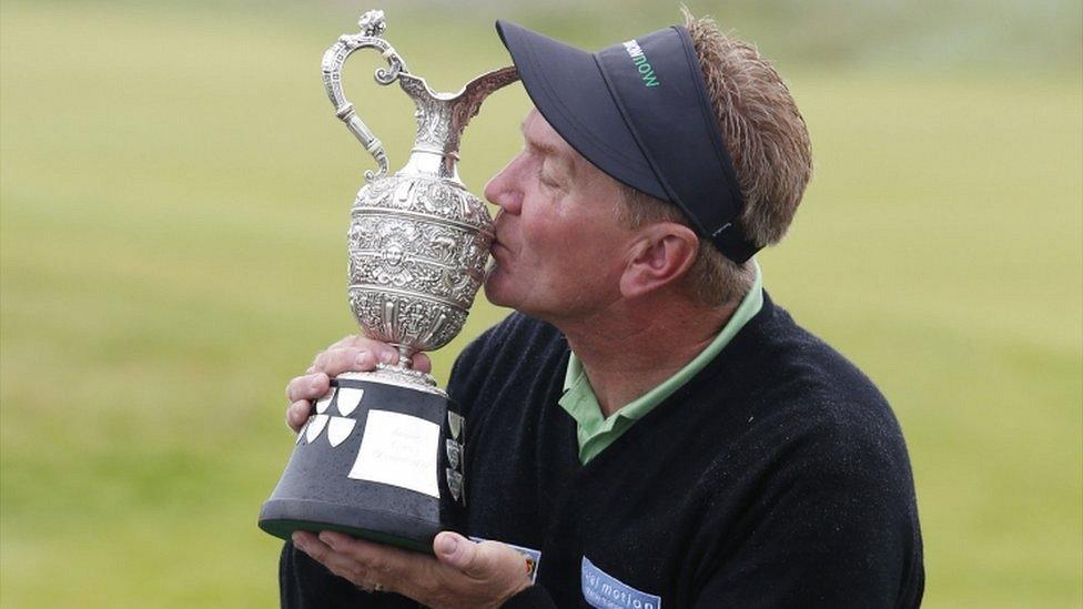 Paul Broadhurst kisses the Senior Open trophy