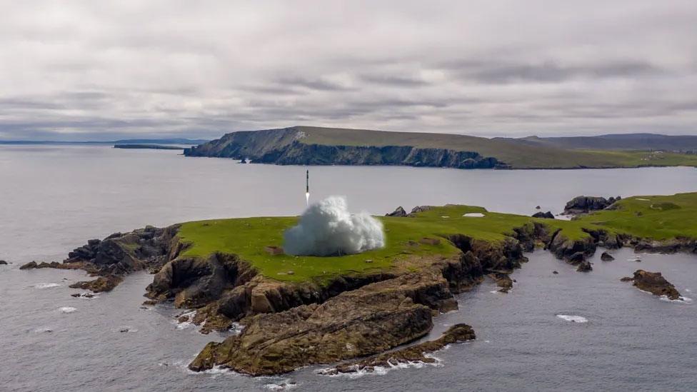 A rocket blasts off from the island of Unst in Shetland