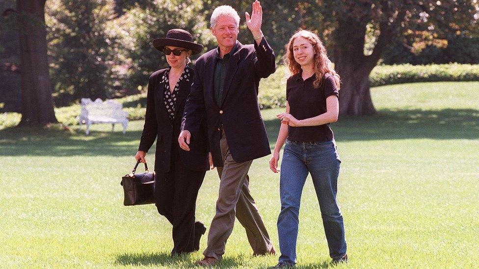 President Bill Clinton (centre), First Lady Hillary Clinton and daughter Chelsea arrive at the White House in Washington