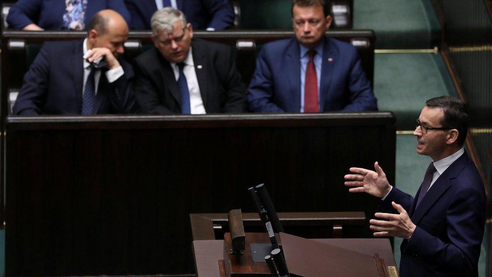 Poland's Prime Minister Mateusz Morawiecki speaks during debate about Holocaust bill at lower house of Parliament in Warsaw, Poland June 27, 2018