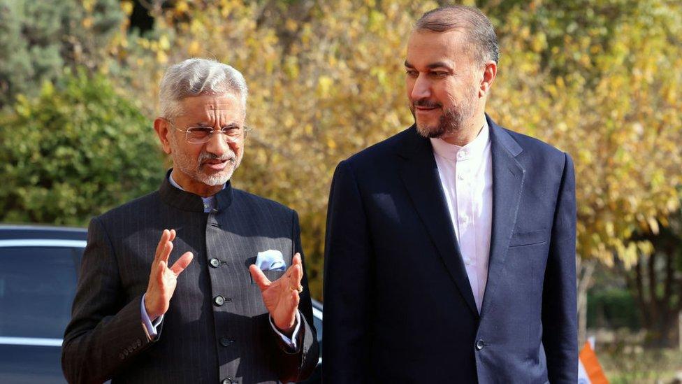 Iranian Foreign Minister Hossein Amir Abdollahian (R) welcomes his Indian counterpart Subrahmanyam Jaishankar before a meeting in Tehran on January 15, 2024