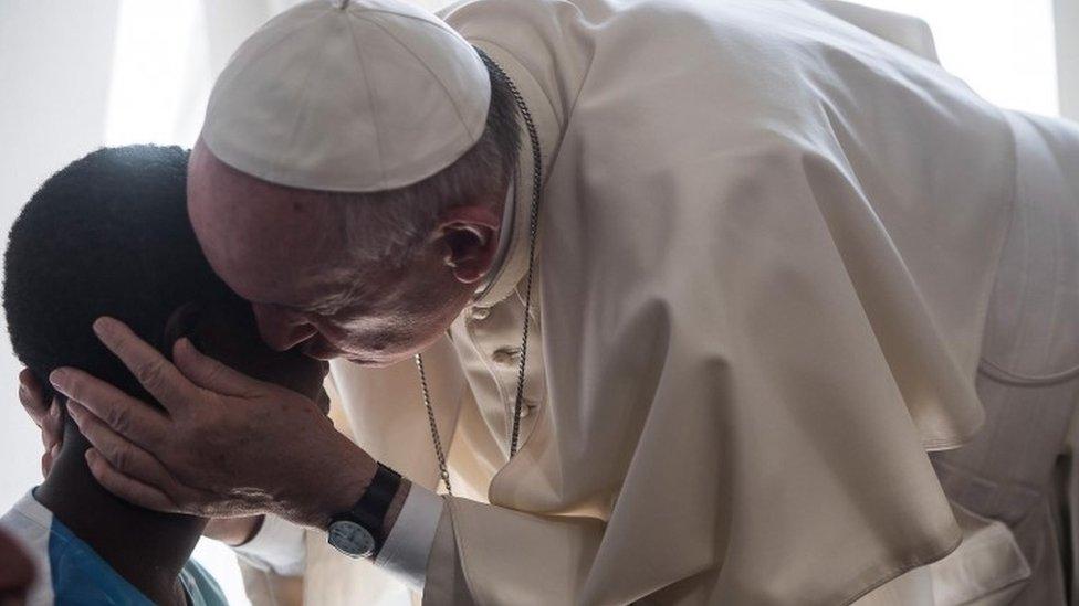 The Pope kissing a former prostitution in Rome, Italy - Friday 12 August 2016