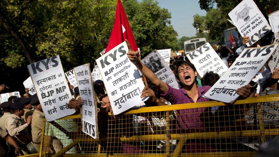 An activist shouts slogans during a protest against the killing of a 52-year-old Muslim farmer Mohammad Akhlaq over rumours he was storing beef