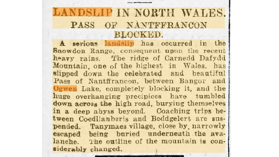 A newspaper cutting about the landslip