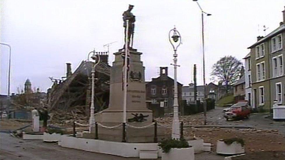 Enniskillen cenotaph where the Enniskillen bomb was planted and exploded 30 years ago, the building behind the cenotaph