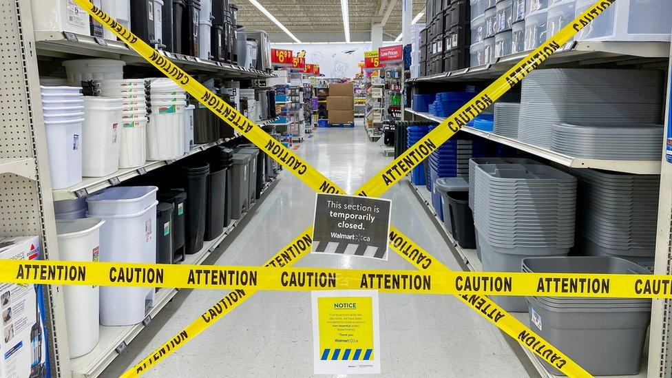 An aisle of restricted items in a Walmart in Toronto