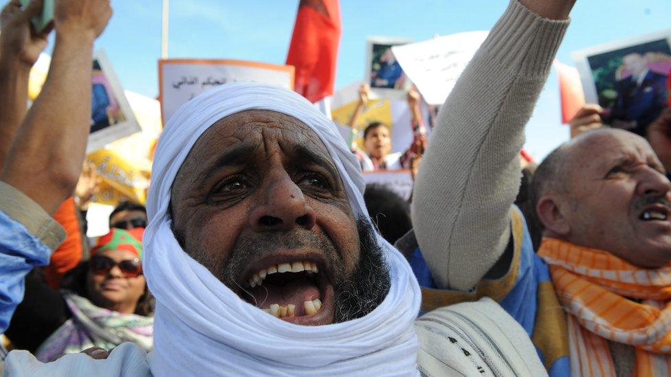Moroccan protesters chant slogans against the United National Secretary General Ban Ki-moon during a protest in Rabat, Morocco, 13 March 2016. Reports said Moroccan protesters gathered against what they claim to be Ban"s bias toward separatists in the disputed Western Sahara. Ban had recently visited the Saharawi refugee camps in southern Algeria and said he would resume efforts to settle the dispute.