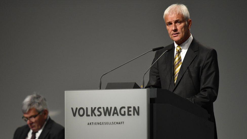 Volkswagen chief executive Matthias Mueller giving a speech