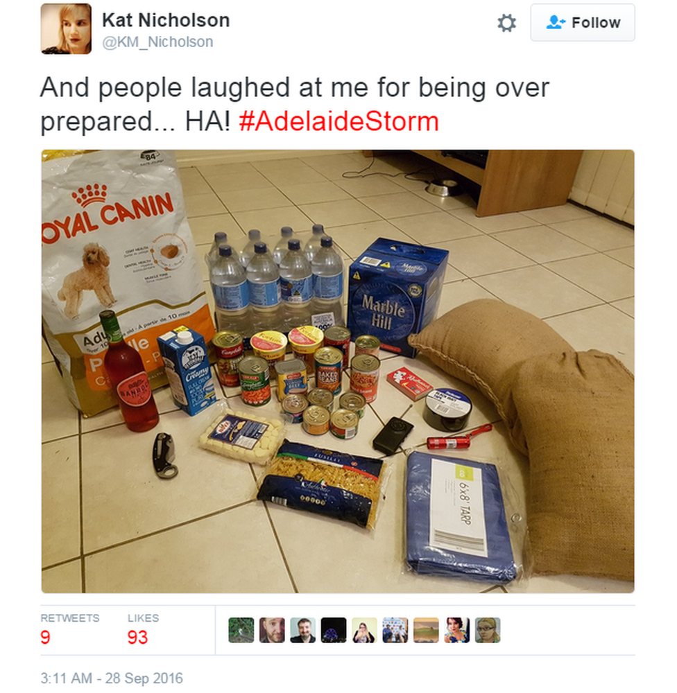 Tweet: "And people laughed at me for being over prepared...HA! #Adelaidestorm"