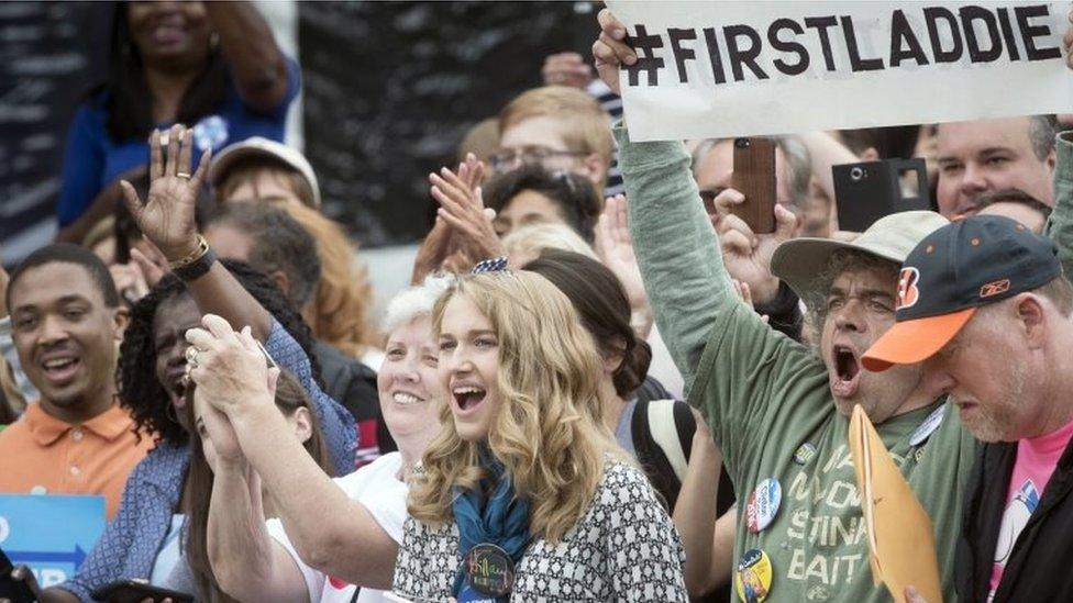 Supporters cheer as former President Bill Clinton campaigns for his wife, Democratic presidential candidate Hillary Clinton in Cincinnati, Ohio.