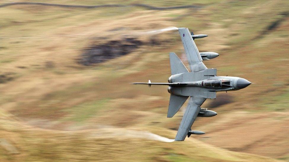 An RAF Tornado in low flying training over the "Mach Loop" near Dolgellau, Gwynedd.